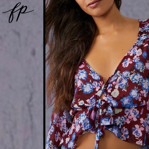 FREE PEOPLE NWT Maybel Tie Front Long Bell Sleeve Semi-Sheer Ruffle Blouse/Md - Picture 11 of 16